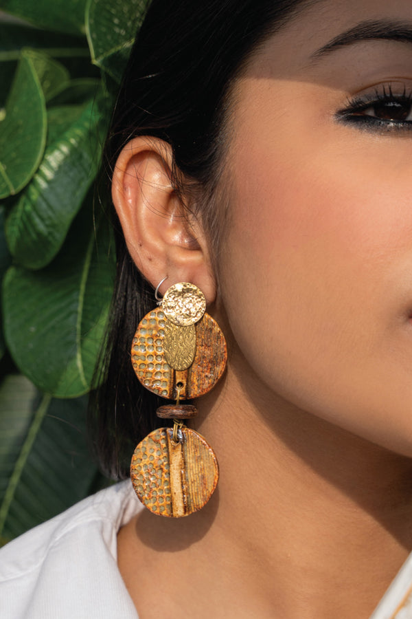 Handcrafted Ceramic & Brass Fusion Earrings with Glass Beads