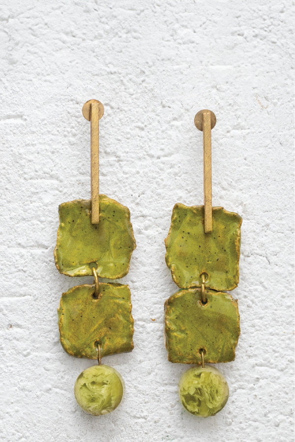 Handcrafted Ceramic & Brass Fusion Earrings with Glass Beads