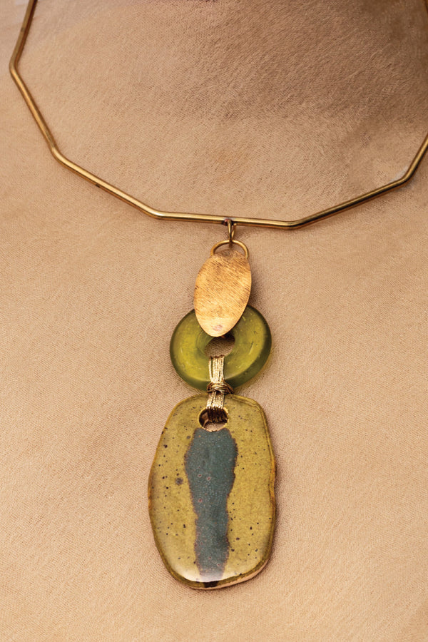 Handcrafted Ceramic & Brass Fusion Necklace with Glass Beads