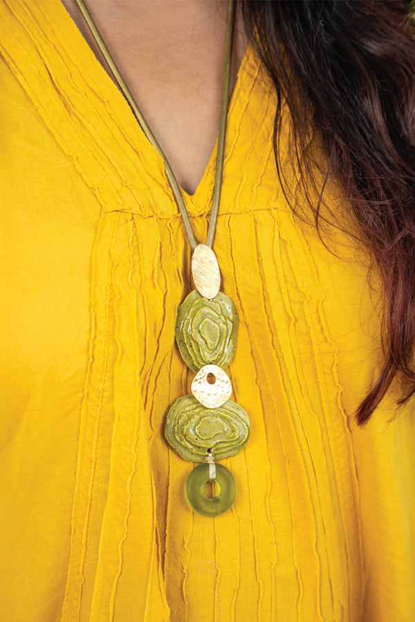 Handcrafted Ceramic & Brass Fusion Necklace with Glass Beads