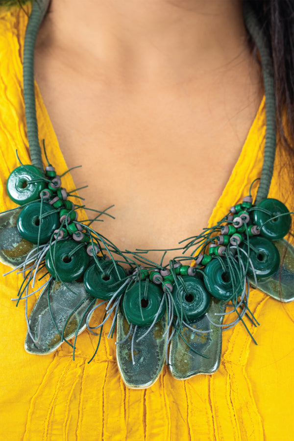 Handcrafted Ceramic Necklace with Glass Beads in Thread Setting