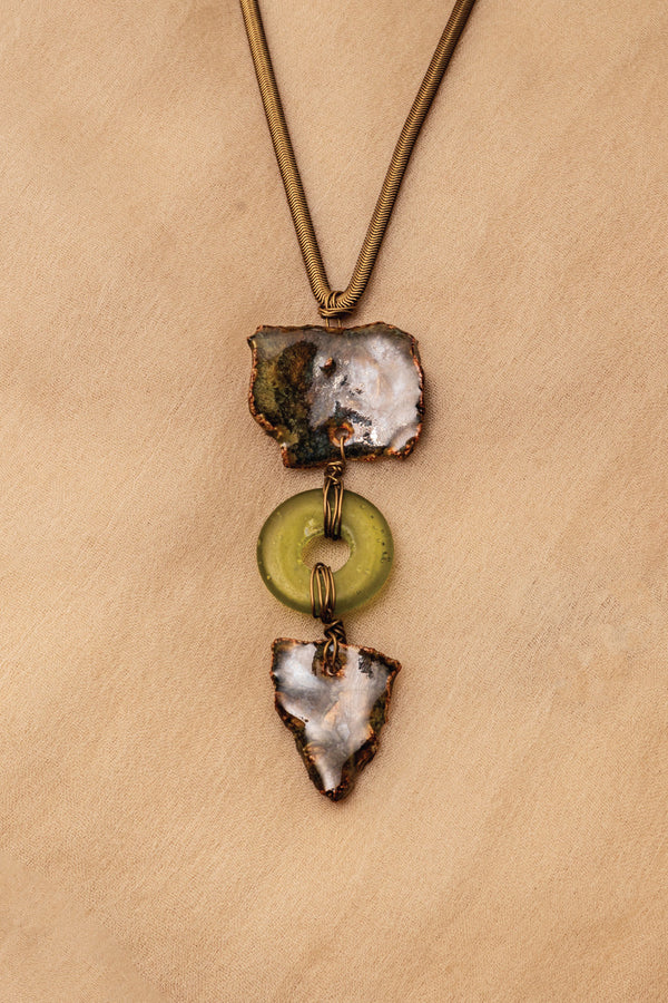 Handcrafted Ceramic & Brass Fusion Necklace with Glass Beads