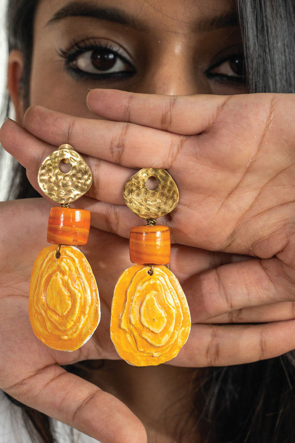 Handcrafted Ceramic & Brass Fusion Earrings with Glass Beads