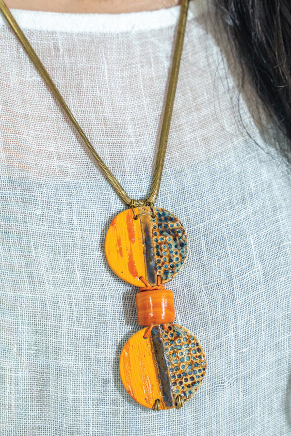 Handcrafted Ceramic & Brass Fusion Necklace with Glass Beads
